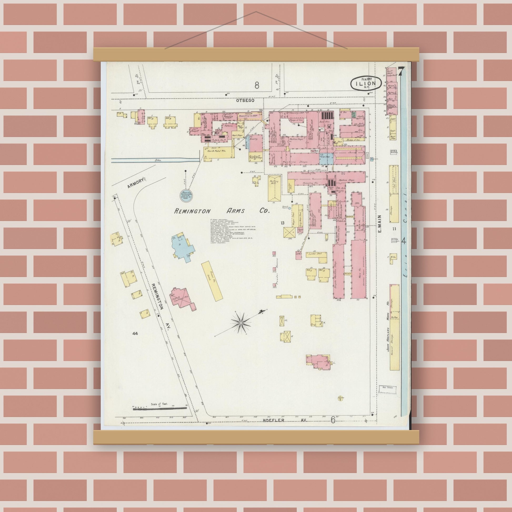 Old map wall art mockup — magnetic wood frame on brick wall — Sanborn Fire Insurance Map from Ilion, Herkimer County, New York (1897), Sheet #0007