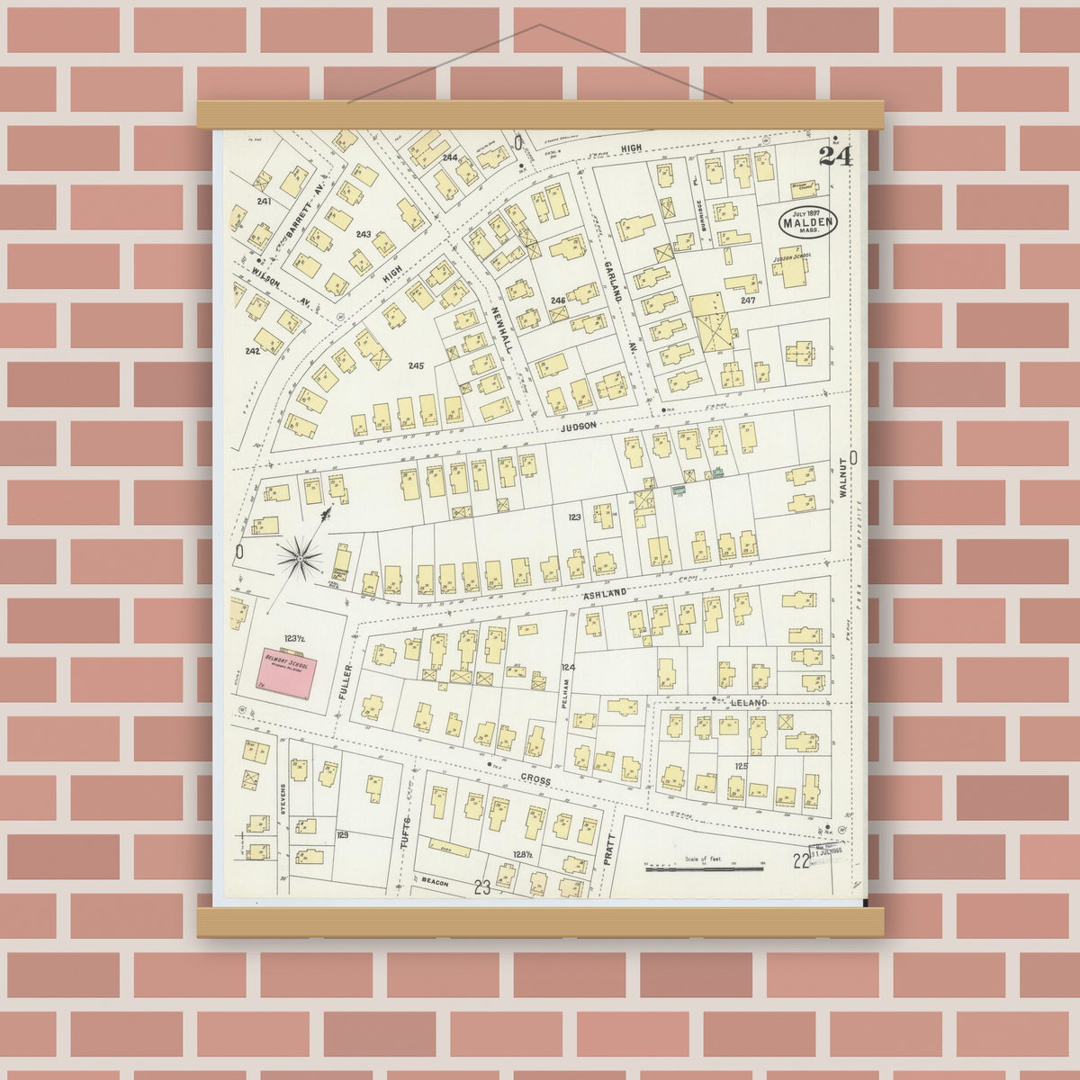 Old map wall art mockup — magnetic wood frame on brick wall — Sanborn Fire Insurance Map from Malden, Middlesex County, Massachusetts (1897), Sheet #0024