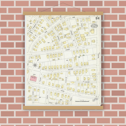 Old map wall art mockup — magnetic wood frame on brick wall — Sanborn Fire Insurance Map from Malden, Middlesex County, Massachusetts (1897), Sheet #0024