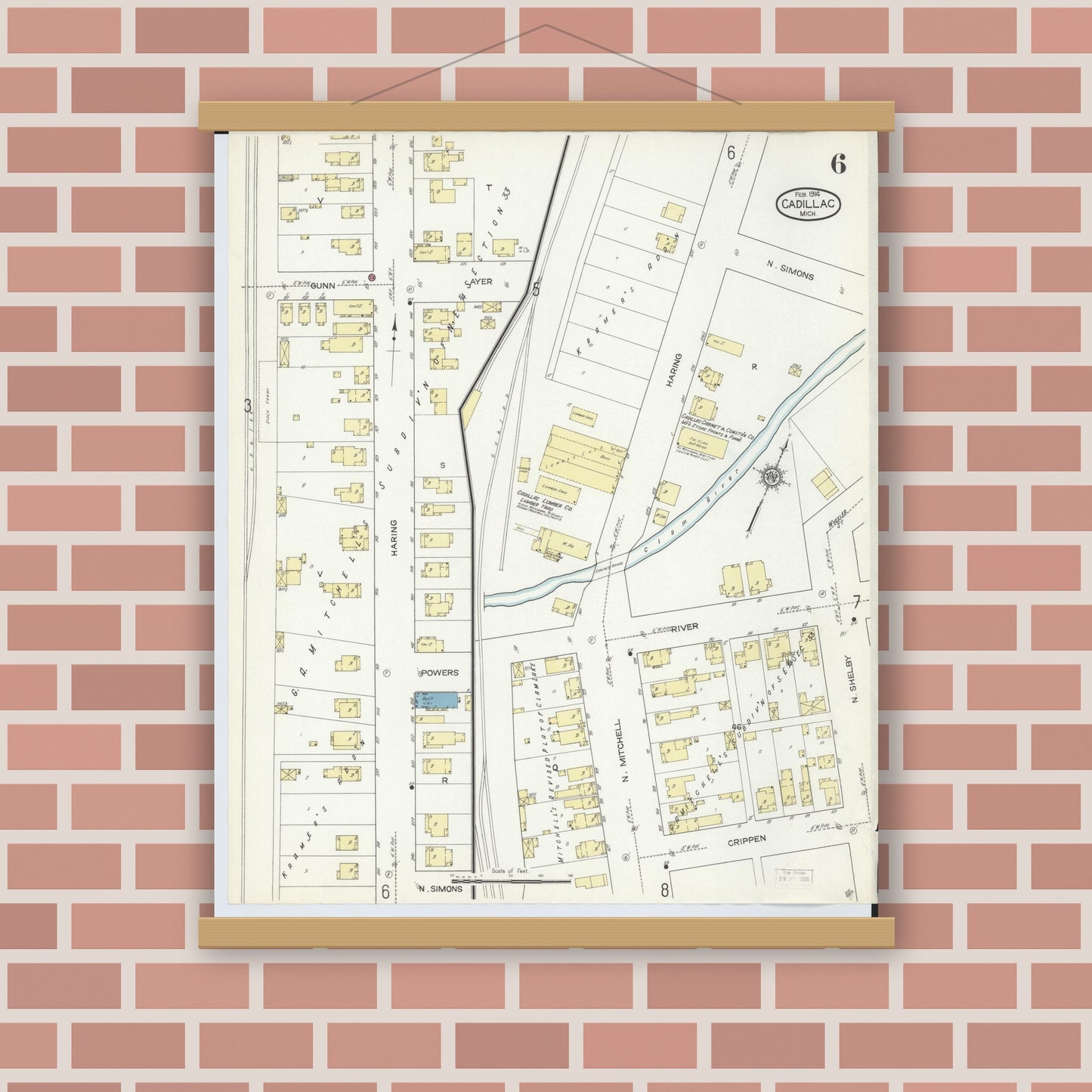 Old map wall art mockup — magnetic wood frame on brick wall — Sanborn Fire Insurance Map from Cadillac, Wexford County, Michigan (1914), Sheet #0006