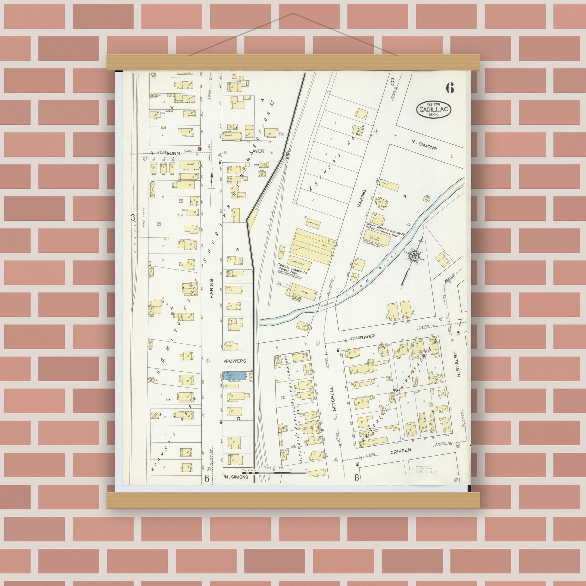 Old map wall art mockup — magnetic wood frame on brick wall — Sanborn Fire Insurance Map from Cadillac, Wexford County, Michigan (1914), Sheet #0006