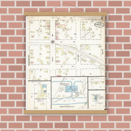 Old map wall art mockup — magnetic wood frame on brick wall — Sanborn Fire Insurance Map from Cedar Falls, Black Hawk County, Iowa (1885), Sheet #0002