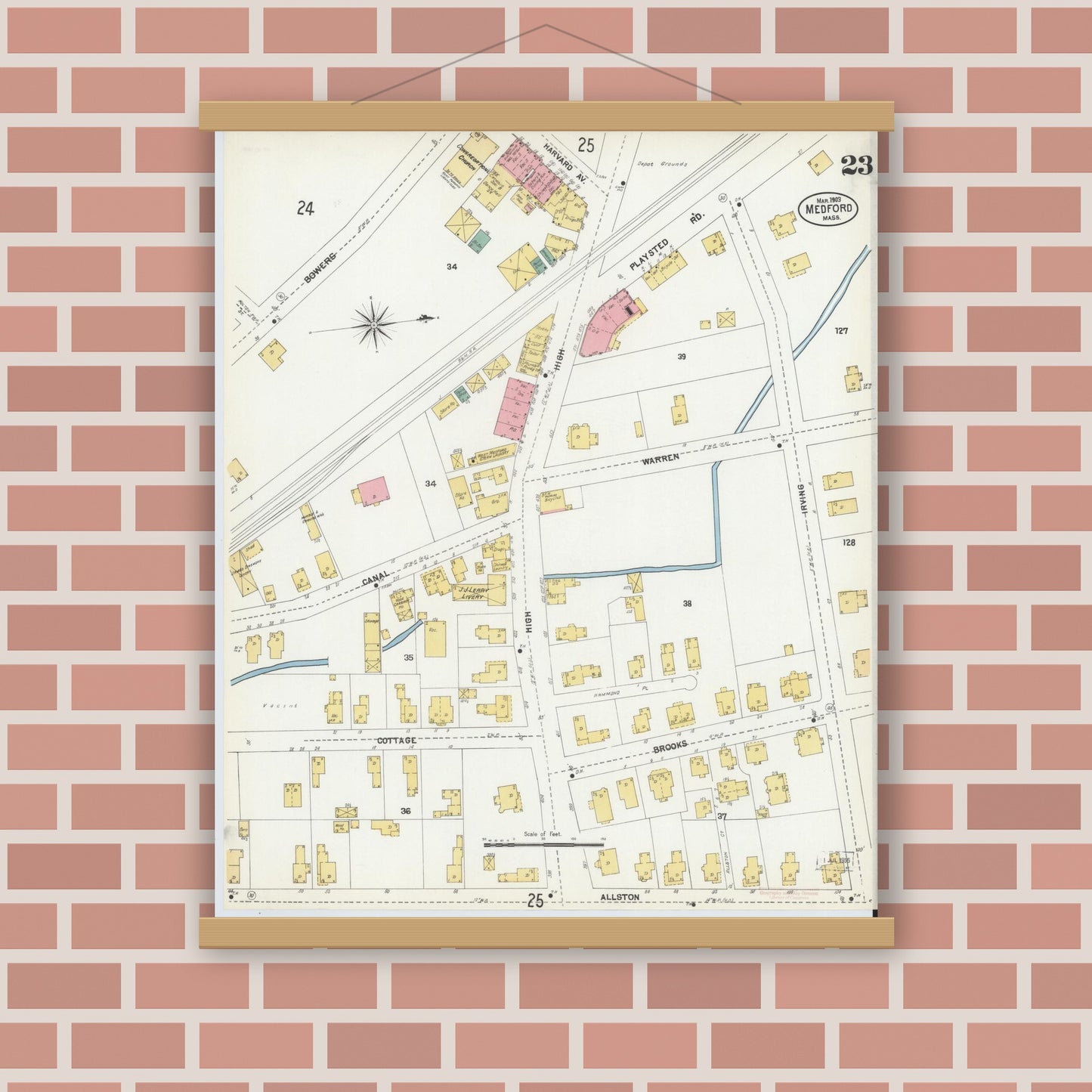 Old map wall art mockup — magnetic wood frame on brick wall — Sanborn Fire Insurance Map from Medford, Middlesex County, Massachusetts (1903), Sheet #0023