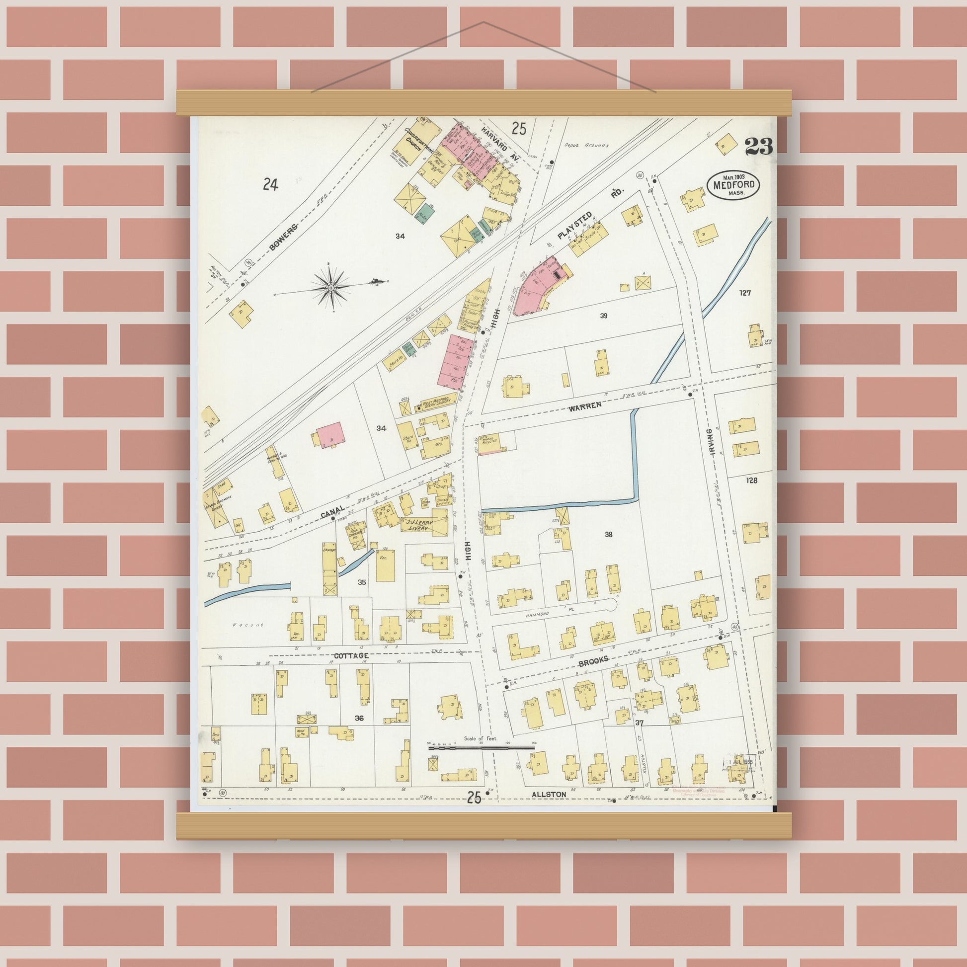 Old map wall art mockup — magnetic wood frame on brick wall — Sanborn Fire Insurance Map from Medford, Middlesex County, Massachusetts (1903), Sheet #0023