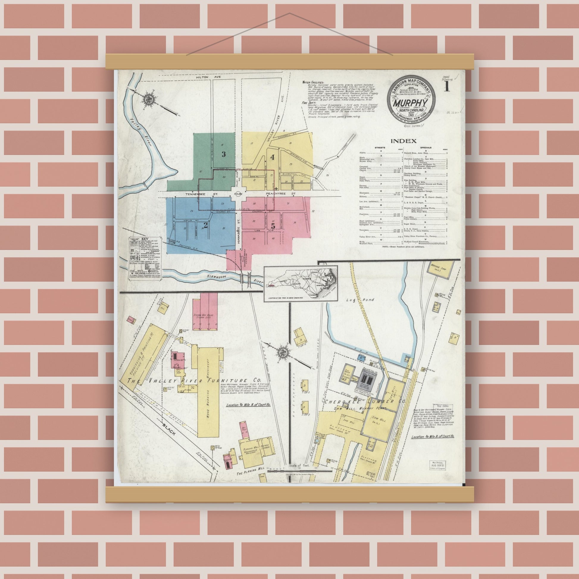 Old map wall art mockup — magnetic wood frame on brick wall — Sanborn Fire Insurance Map from Murphy, Cherokee County, North Carolina (1921), Sheet #0001