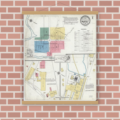 Old map wall art mockup — magnetic wood frame on brick wall — Sanborn Fire Insurance Map from Murphy, Cherokee County, North Carolina (1921), Sheet #0001
