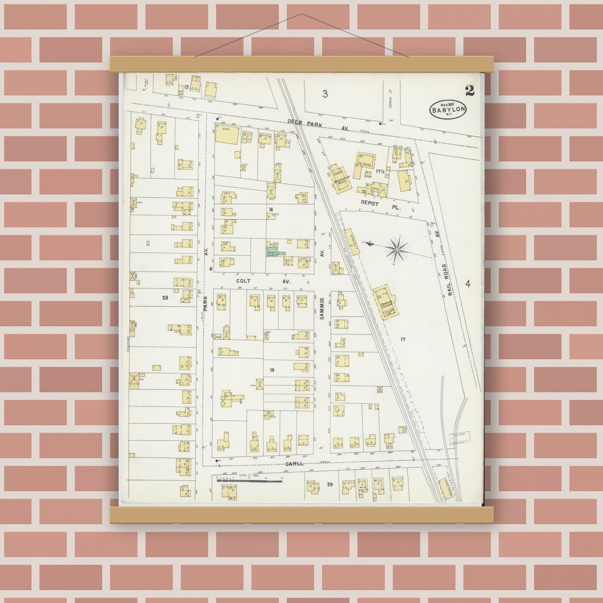 Old map wall art mockup — magnetic wood frame on brick wall — Sanborn Fire Insurance Map from Babylon, Suffolk County, New York (1897), Sheet #0002
