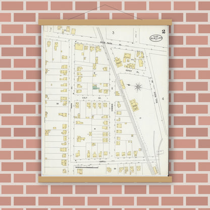 Old map wall art mockup — magnetic wood frame on brick wall — Sanborn Fire Insurance Map from Babylon, Suffolk County, New York (1897), Sheet #0002