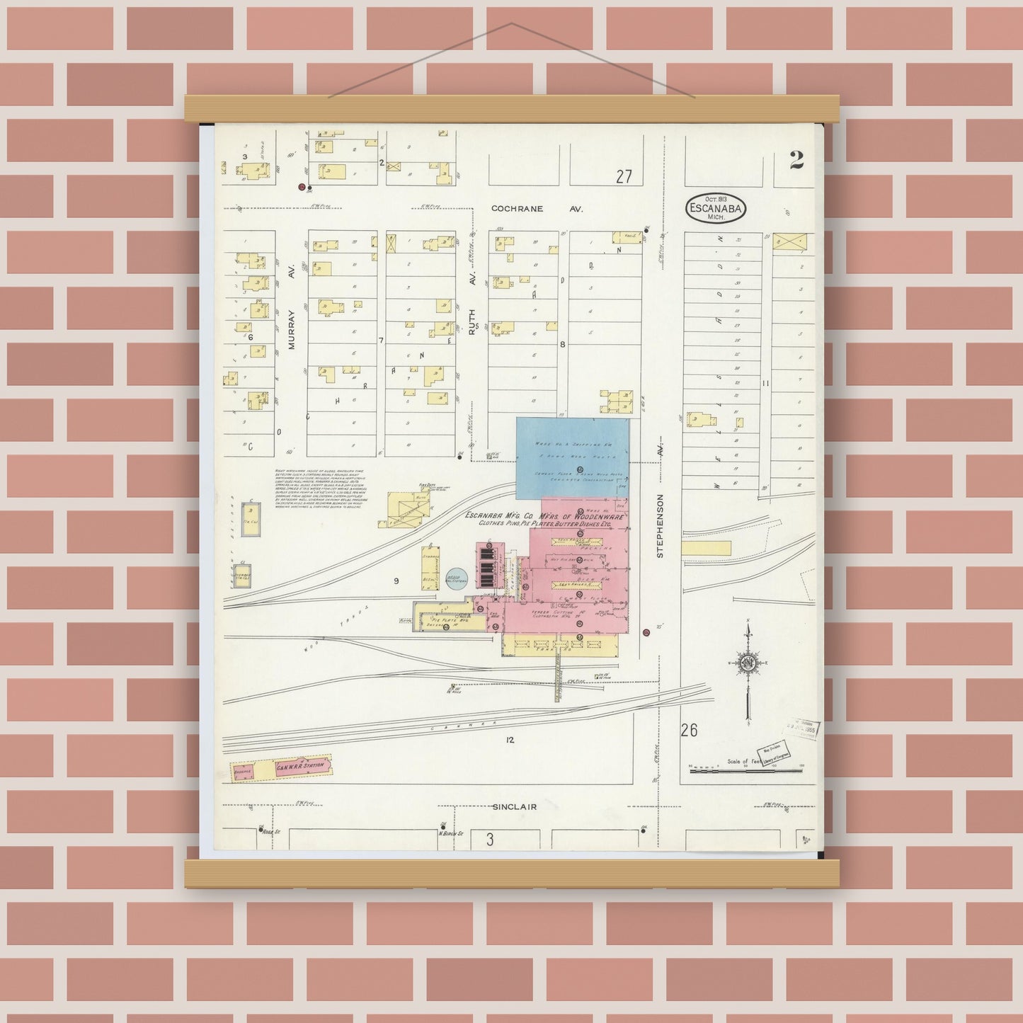 Old map wall art mockup — magnetic wood frame on brick wall — Sanborn Fire Insurance Map from Escanaba, Delta County, Michigan (1913), Sheet #0002