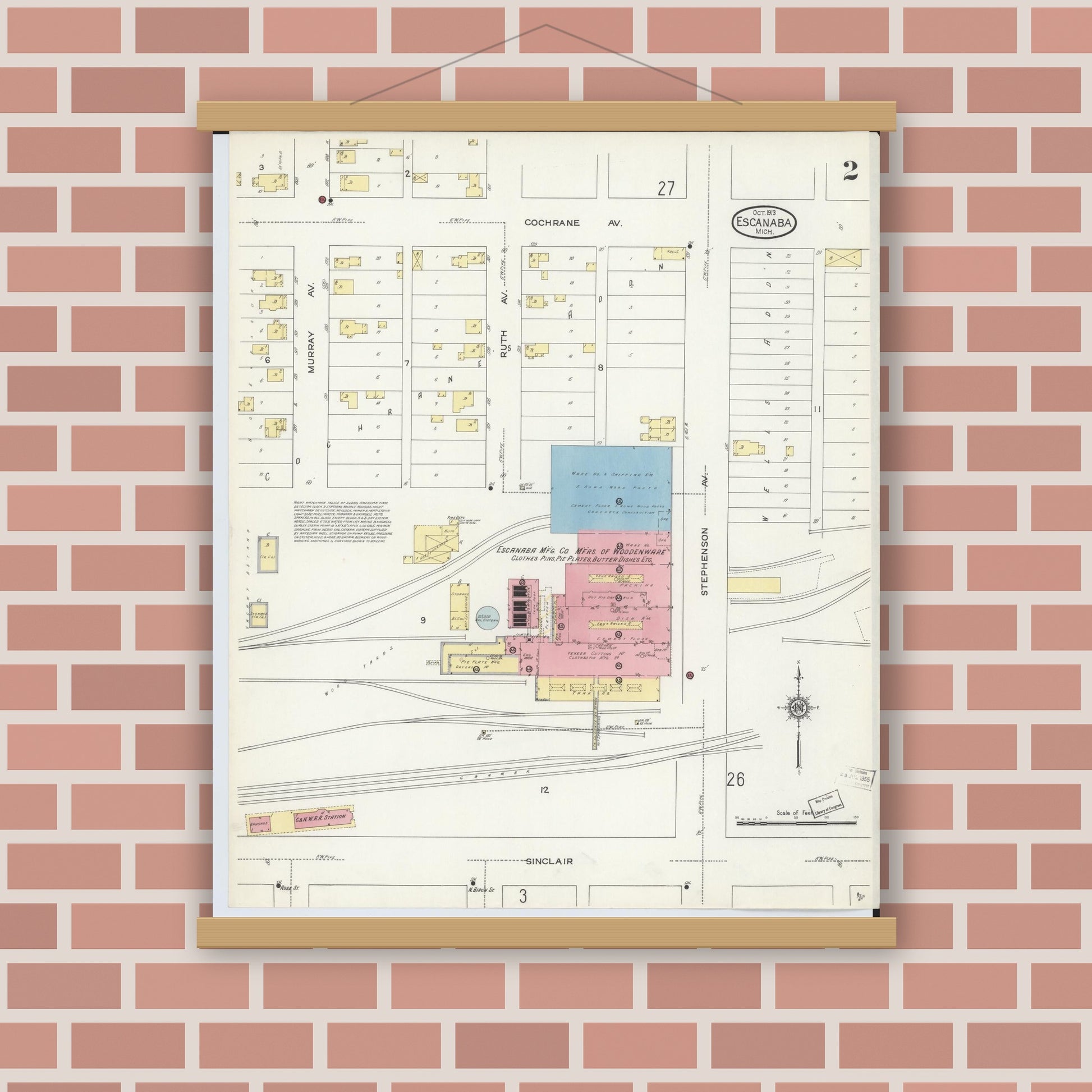 Old map wall art mockup — magnetic wood frame on brick wall — Sanborn Fire Insurance Map from Escanaba, Delta County, Michigan (1913), Sheet #0002