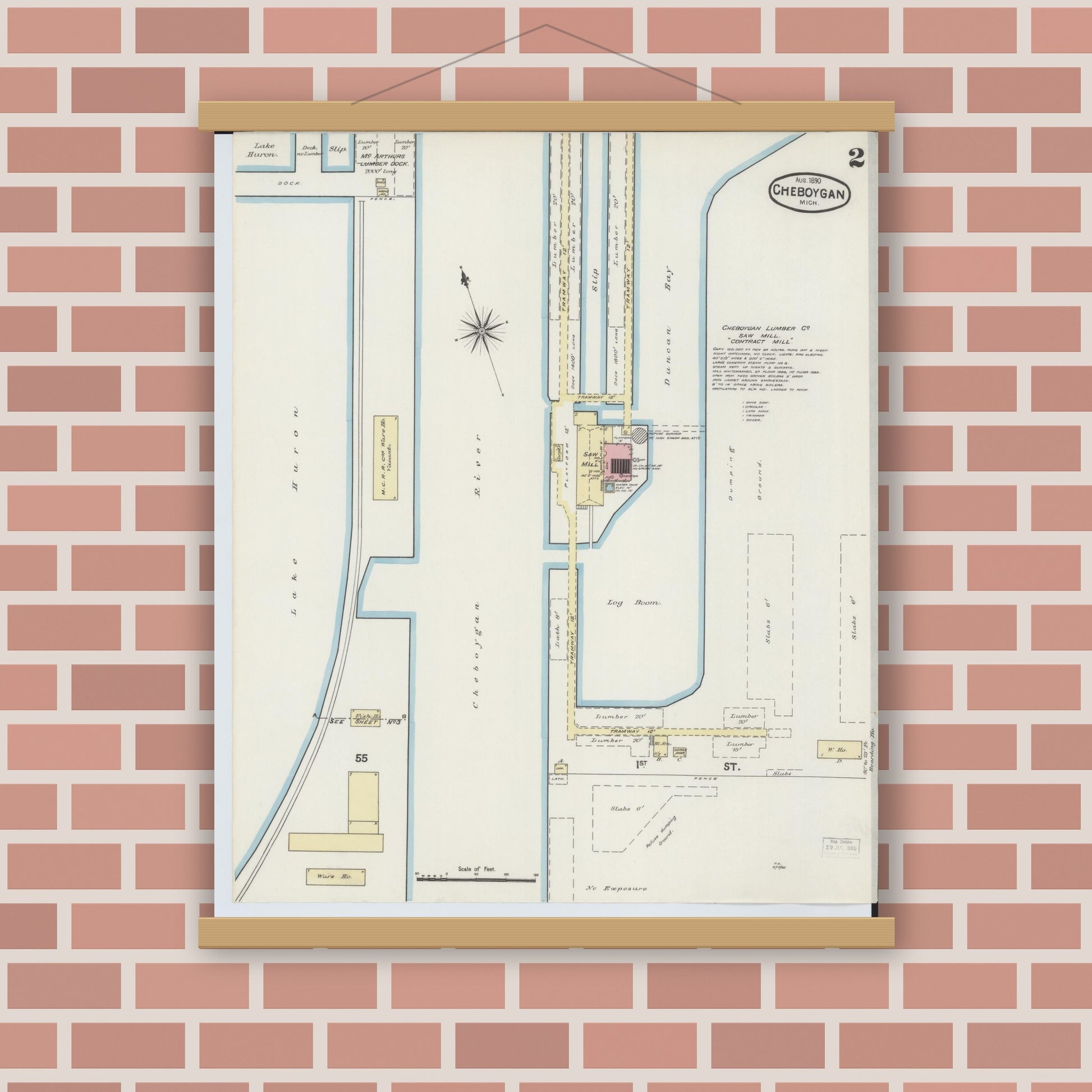 Old map wall art mockup — magnetic wood frame on brick wall — Sanborn Fire Insurance Map from Cheboygan, Cheboygan County, Michigan (1890), Sheet #0002
