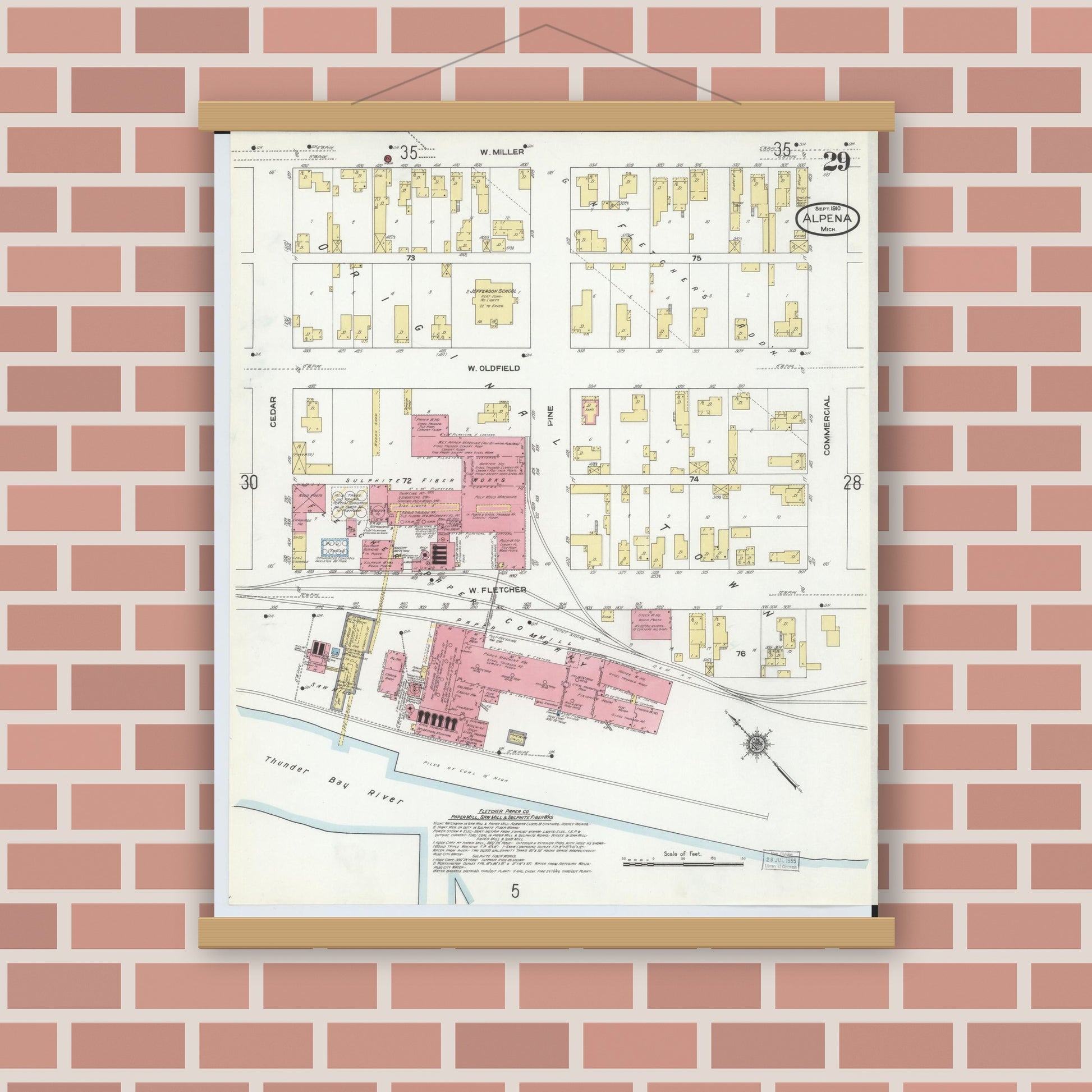 Old map wall art mockup — magnetic wood frame on brick wall — Sanborn Fire Insurance Map from Alpena, Alpena County, Michigan (1910), Sheet #0029