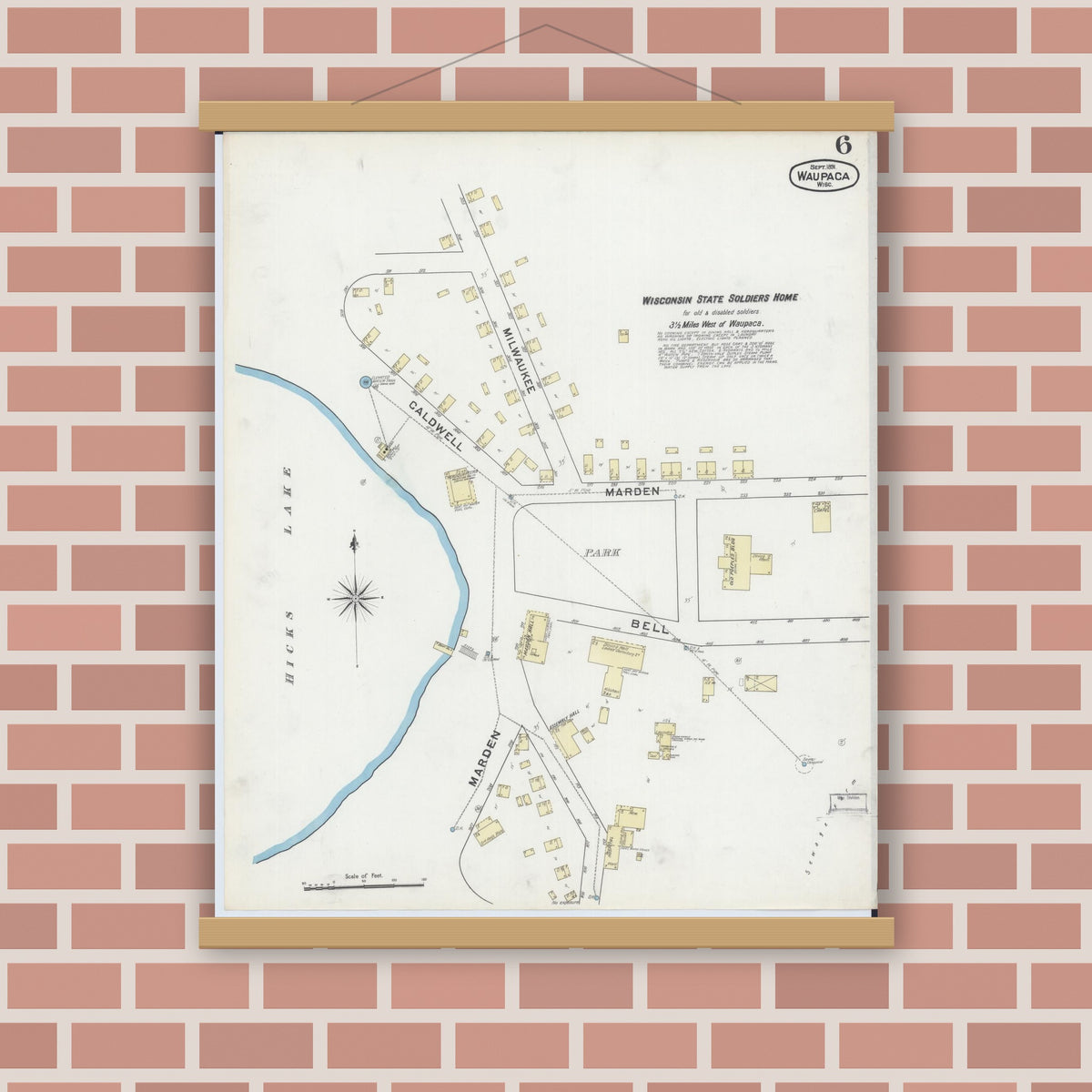 Old map wall art mockup — magnetic wood frame on brick wall — Sanborn Fire Insurance Map from Waupaca, Waupaca County, Wisconsin (1891), Sheet #0006