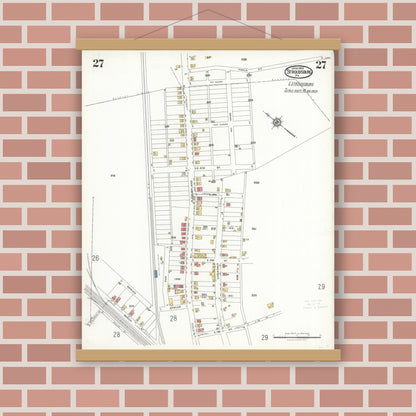 Old map wall art mockup — magnetic wood frame on brick wall — Sanborn Fire Insurance Map from Stroudsburg, Monroe County, Pennsylvania (1923), Sheet #0027