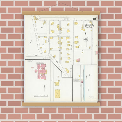 Old map wall art mockup — magnetic wood frame on brick wall — Sanborn Fire Insurance Map from Brookville, Jefferson County, Pennsylvania (1904), Sheet #0010