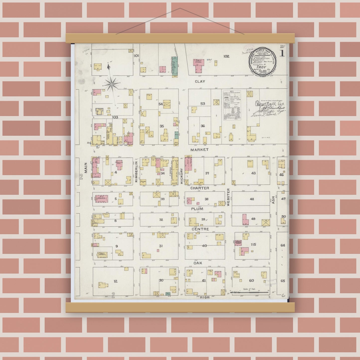 Old map wall art mockup — magnetic wood frame on brick wall — Sanborn Fire Insurance Map from Troy, Madison County, Illinois (1893), Sheet #0001