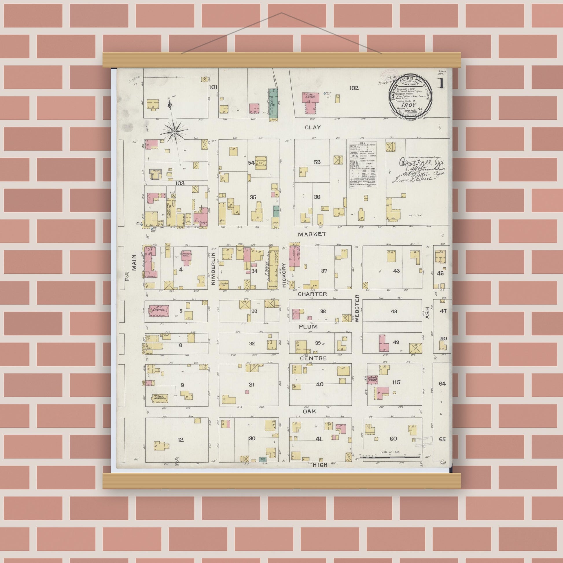 Old map wall art mockup — magnetic wood frame on brick wall — Sanborn Fire Insurance Map from Troy, Madison County, Illinois (1893), Sheet #0001