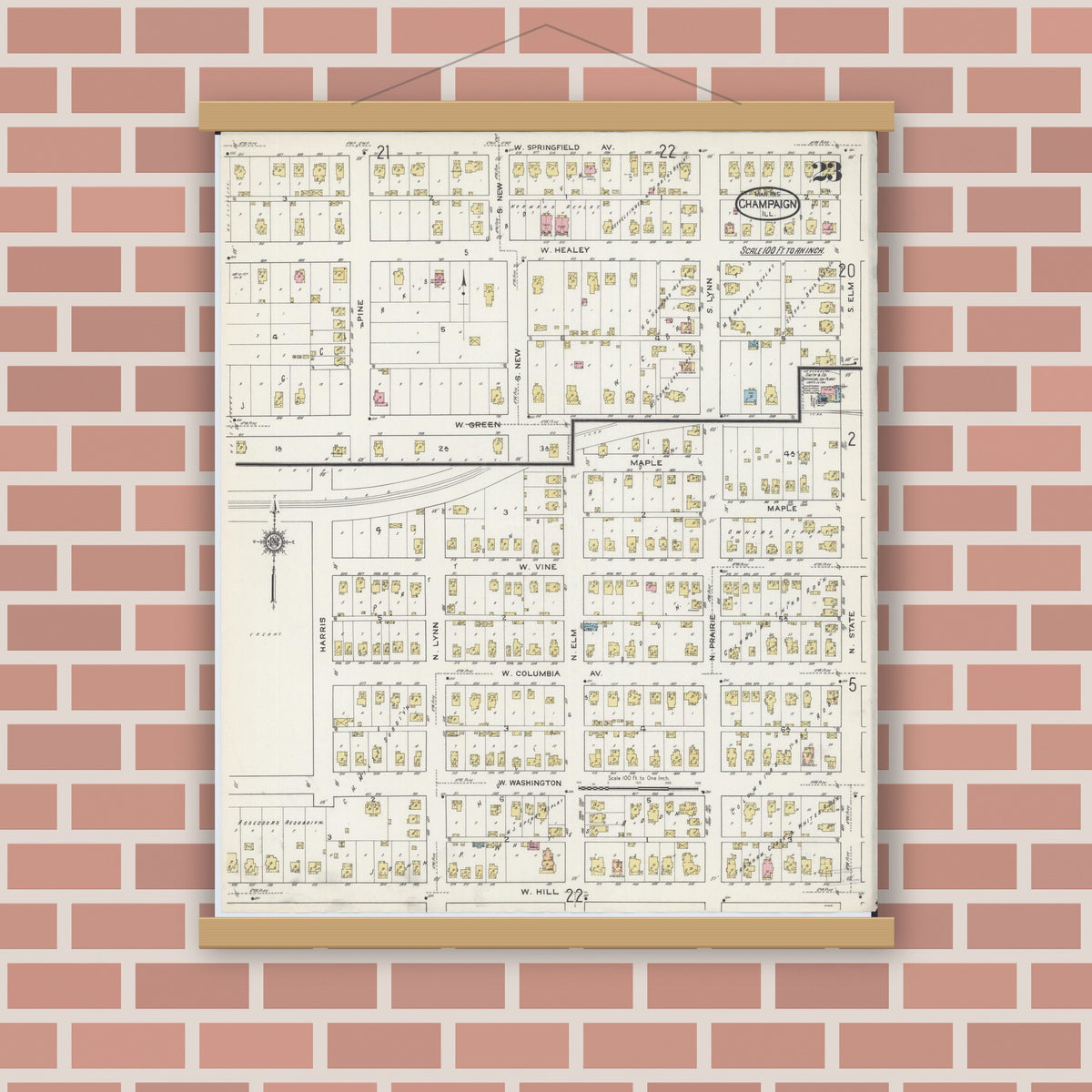 Old map wall art mockup — magnetic wood frame on brick wall — Sanborn Fire Insurance Map from Champaign, Champaign County, Illinois (1915), Sheet #0023