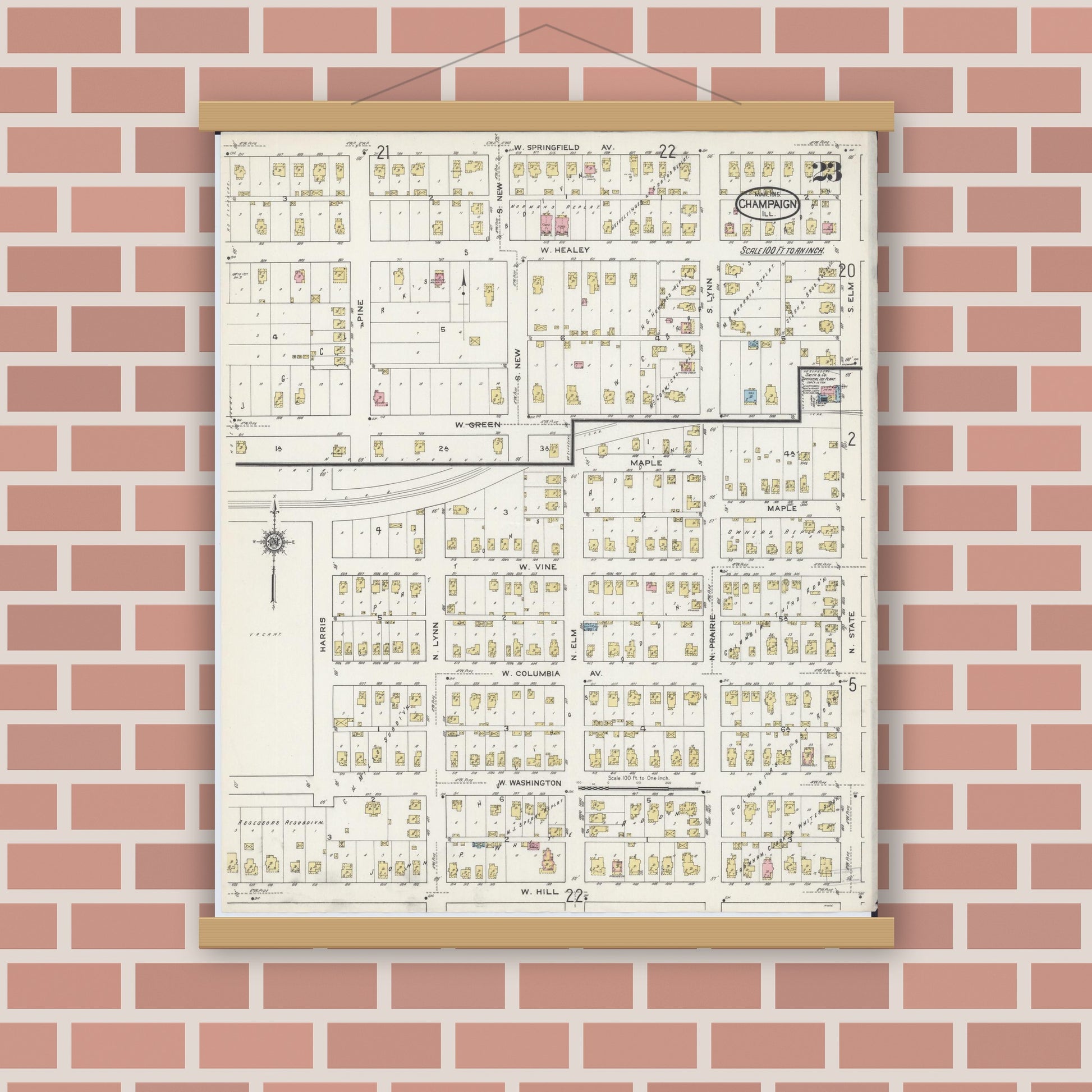 Old map wall art mockup — magnetic wood frame on brick wall — Sanborn Fire Insurance Map from Champaign, Champaign County, Illinois (1915), Sheet #0023