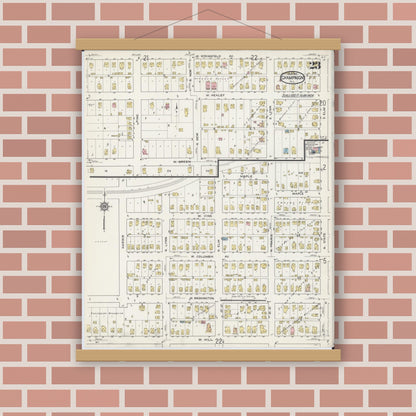 Old map wall art mockup — magnetic wood frame on brick wall — Sanborn Fire Insurance Map from Champaign, Champaign County, Illinois (1915), Sheet #0023