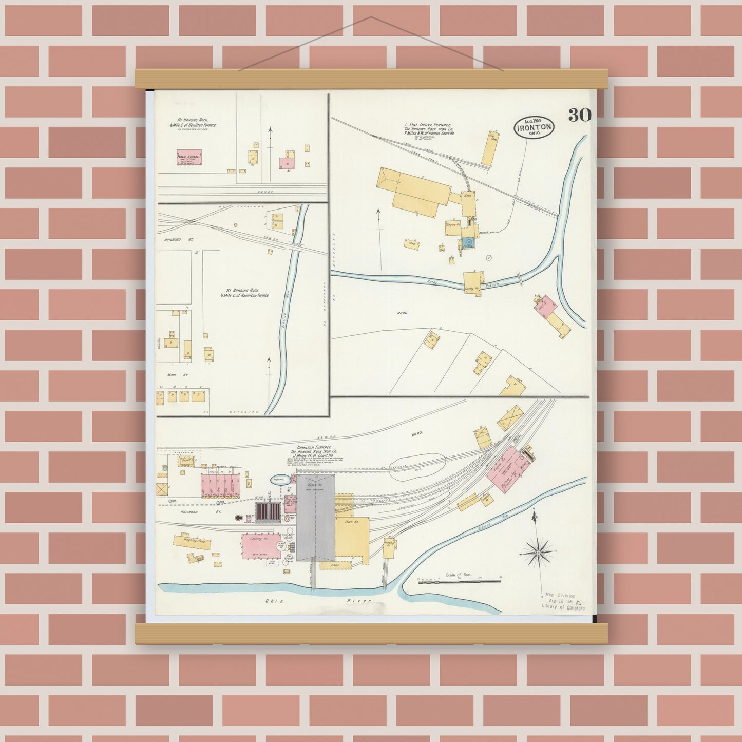 Old map wall art mockup — magnetic wood frame on brick wall — Sanborn Fire Insurance Map from Ironton, Lawrence County, Ohio (1904), Sheet #0030