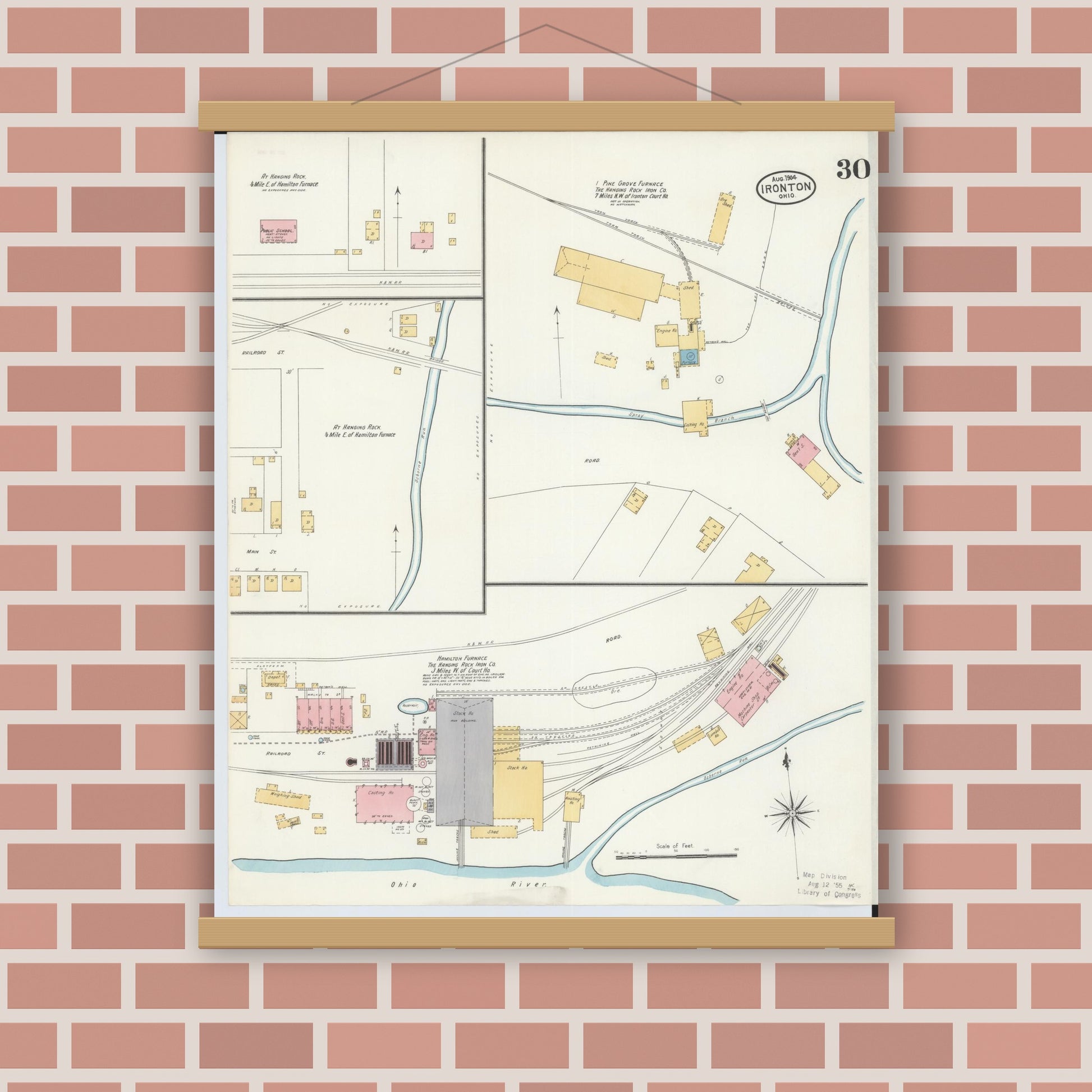 Old map wall art mockup — magnetic wood frame on brick wall — Sanborn Fire Insurance Map from Ironton, Lawrence County, Ohio (1904), Sheet #0030