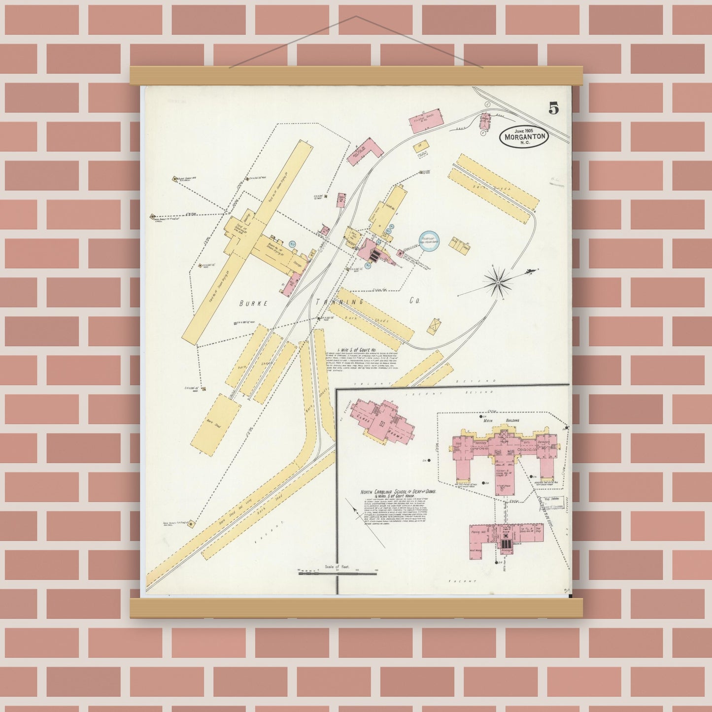 Old map wall art mockup — magnetic wood frame on brick wall — Sanborn Fire Insurance Map from Morganton, Burke County, North Carolina (1905), Sheet #0005