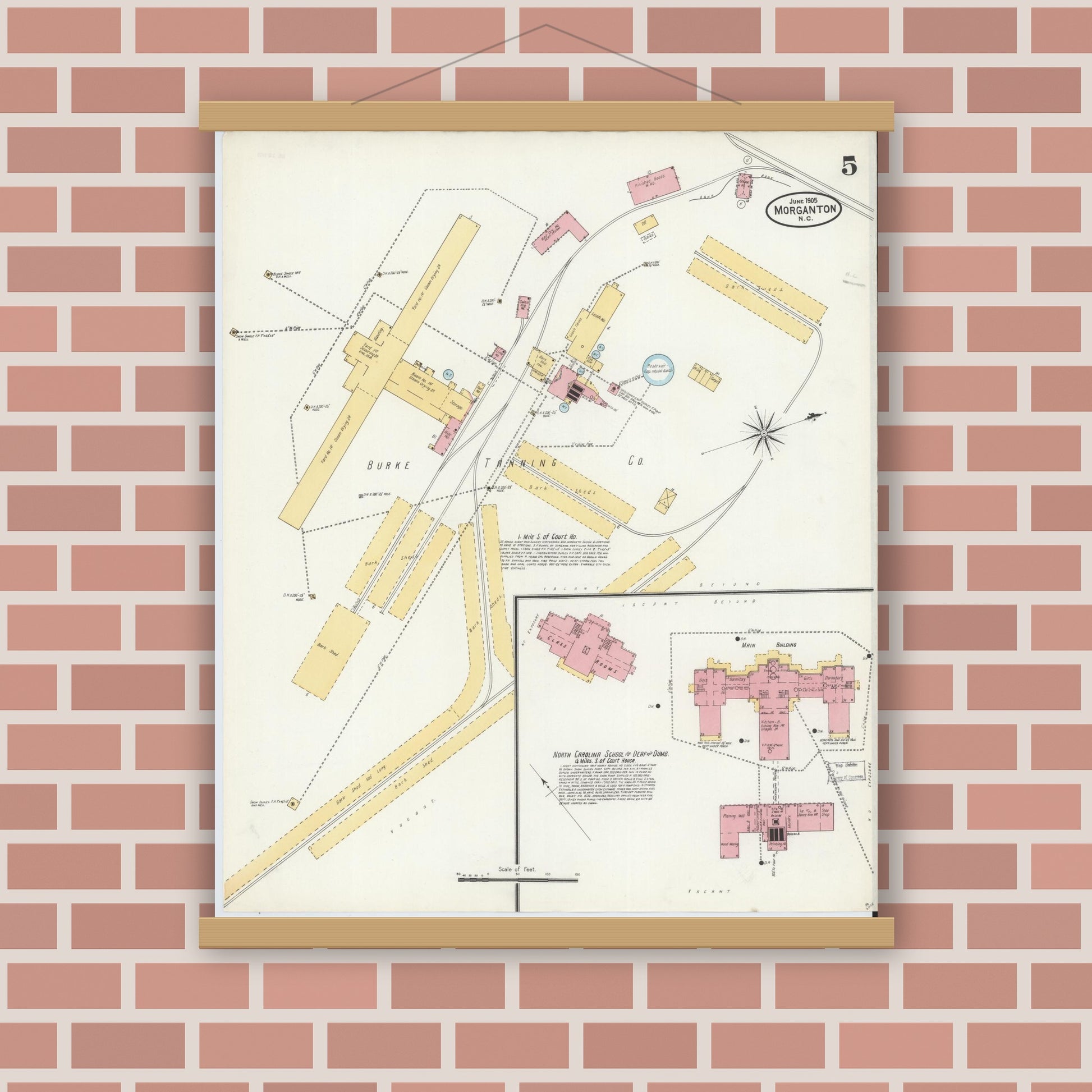 Old map wall art mockup — magnetic wood frame on brick wall — Sanborn Fire Insurance Map from Morganton, Burke County, North Carolina (1905), Sheet #0005