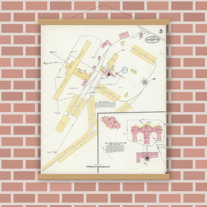 Old map wall art mockup — magnetic wood frame on brick wall — Sanborn Fire Insurance Map from Morganton, Burke County, North Carolina (1905), Sheet #0005