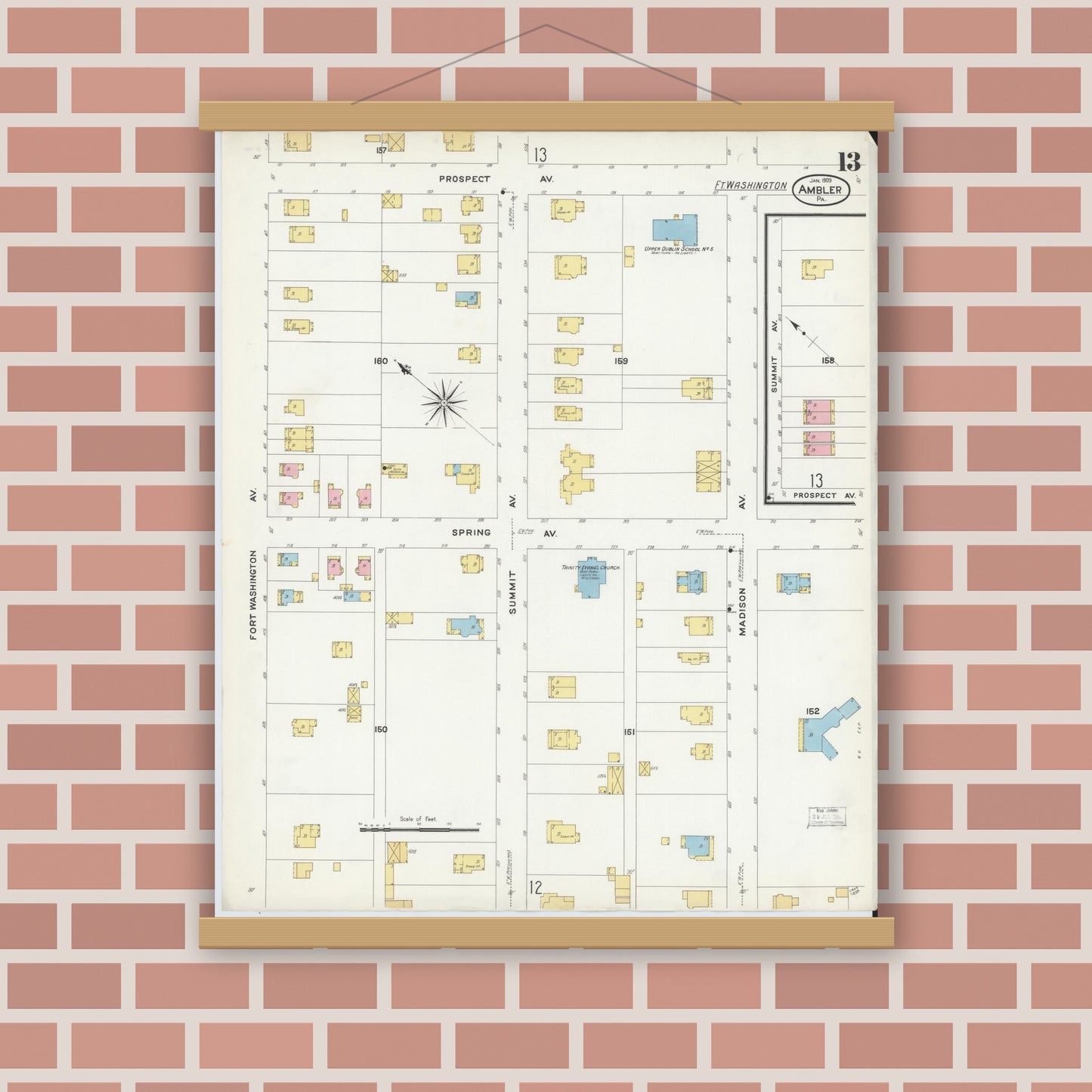Old map wall art mockup — magnetic wood frame on brick wall — Sanborn Fire Insurance Map from Ambler, Montgomery County, Pennsylvania (1909), Sheet #0013
