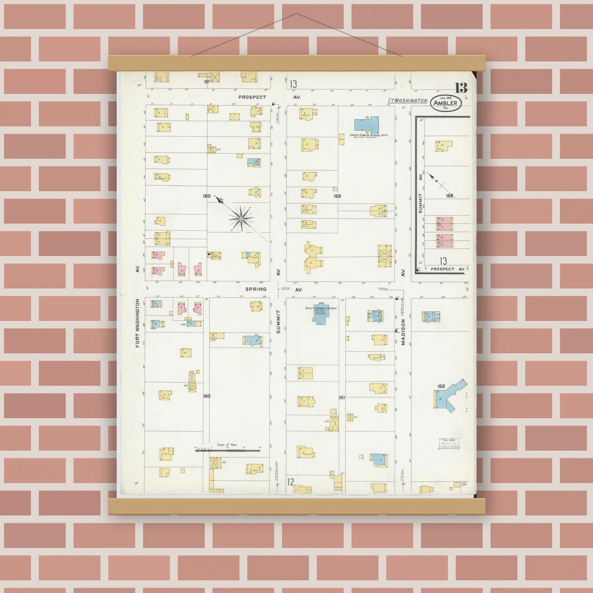 Old map wall art mockup — magnetic wood frame on brick wall — Sanborn Fire Insurance Map from Ambler, Montgomery County, Pennsylvania (1909), Sheet #0013