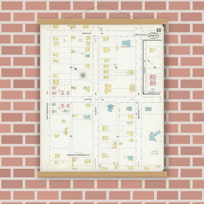 Old map wall art mockup — magnetic wood frame on brick wall — Sanborn Fire Insurance Map from Ambler, Montgomery County, Pennsylvania (1909), Sheet #0013