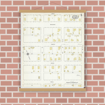 Old map wall art mockup — magnetic wood frame on brick wall — Sanborn Fire Insurance Map from Caldwell, Burleson County, Texas (1915), Sheet #0005