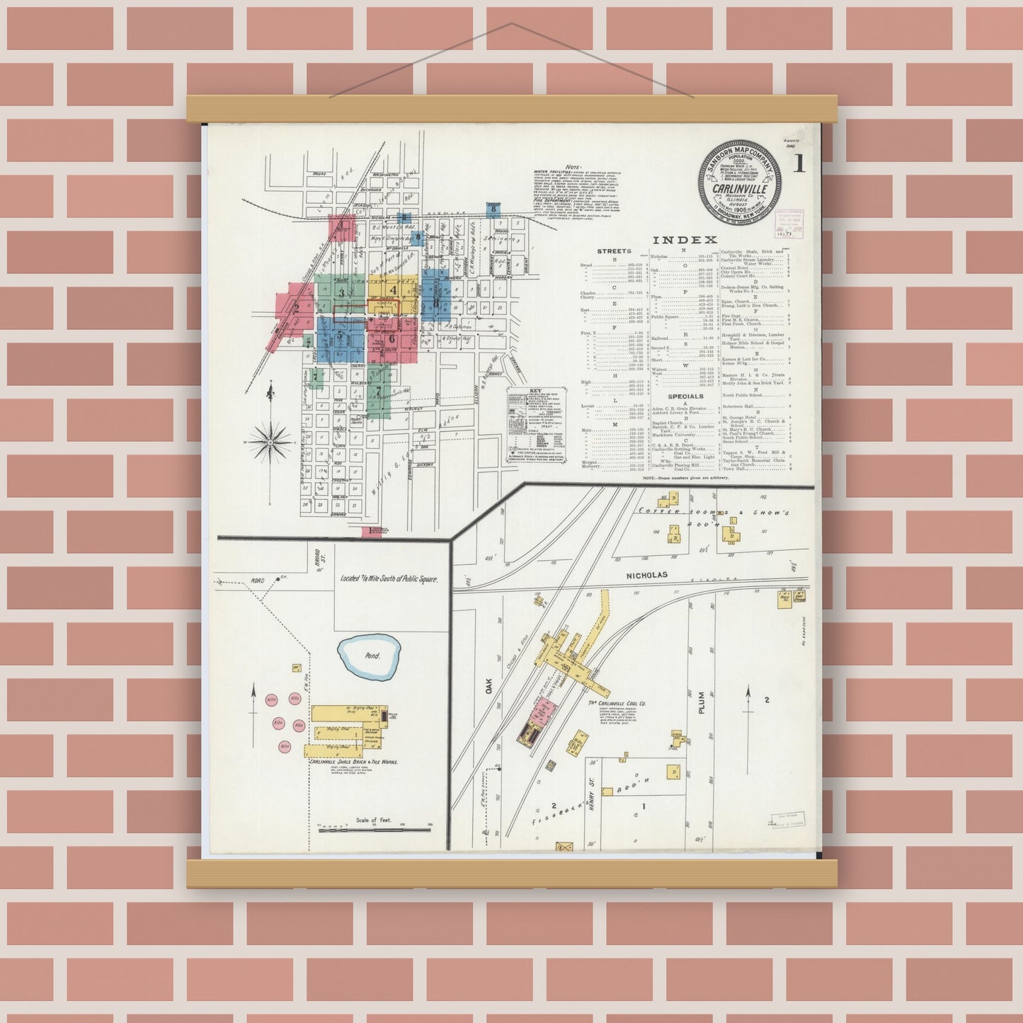 Old map wall art mockup — magnetic wood frame on brick wall — Sanborn Fire Insurance Map from Carlinville, Macoupin County, Illinois (1906) - Complete Map Set