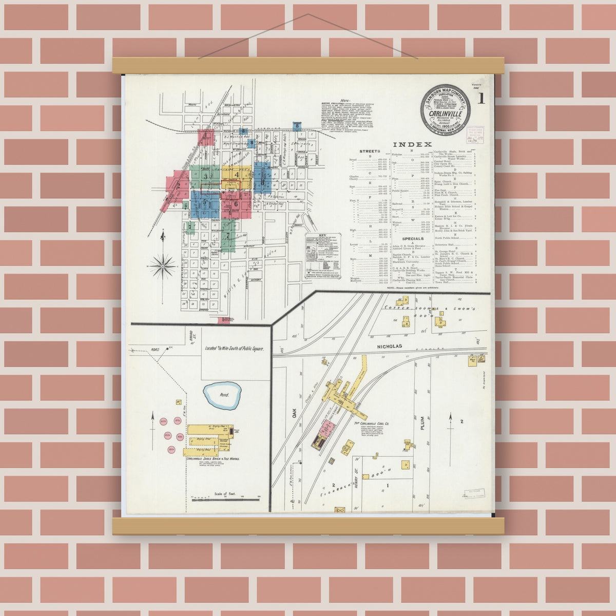 Old map wall art mockup — magnetic wood frame on brick wall — Sanborn Fire Insurance Map from Carlinville, Macoupin County, Illinois (1906) - Complete Map Set