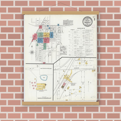 Old map wall art mockup — magnetic wood frame on brick wall — Sanborn Fire Insurance Map from Carlinville, Macoupin County, Illinois (1906) - Complete Map Set