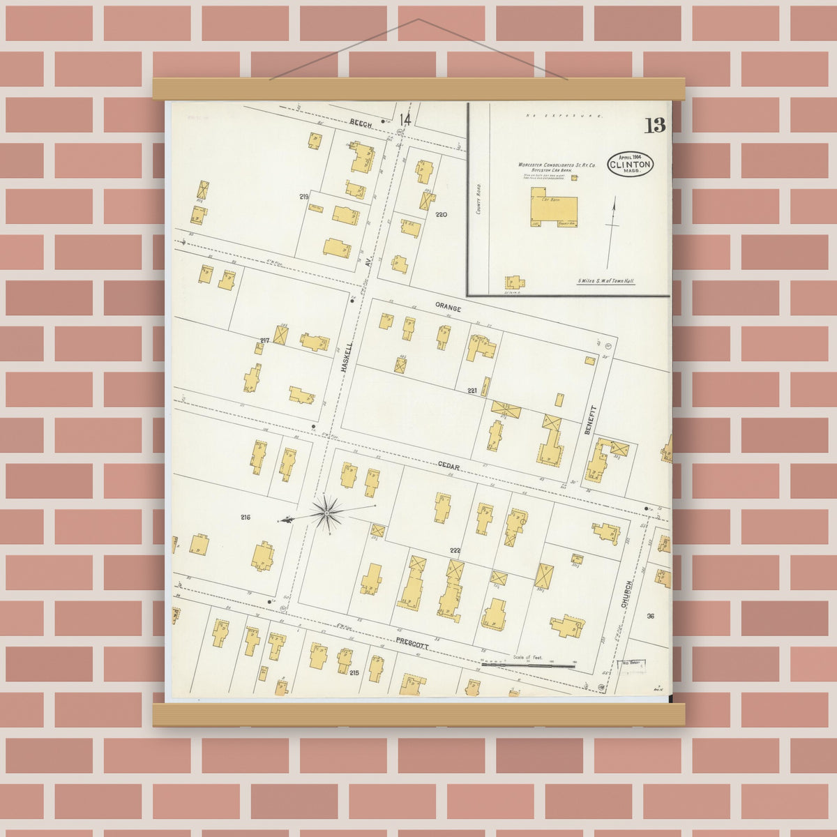 Old map wall art mockup — magnetic wood frame on brick wall — Sanborn Fire Insurance Map from Clinton, Worcester County, Massachusetts (1904), Sheet #0013