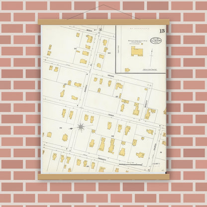 Old map wall art mockup — magnetic wood frame on brick wall — Sanborn Fire Insurance Map from Clinton, Worcester County, Massachusetts (1904), Sheet #0013