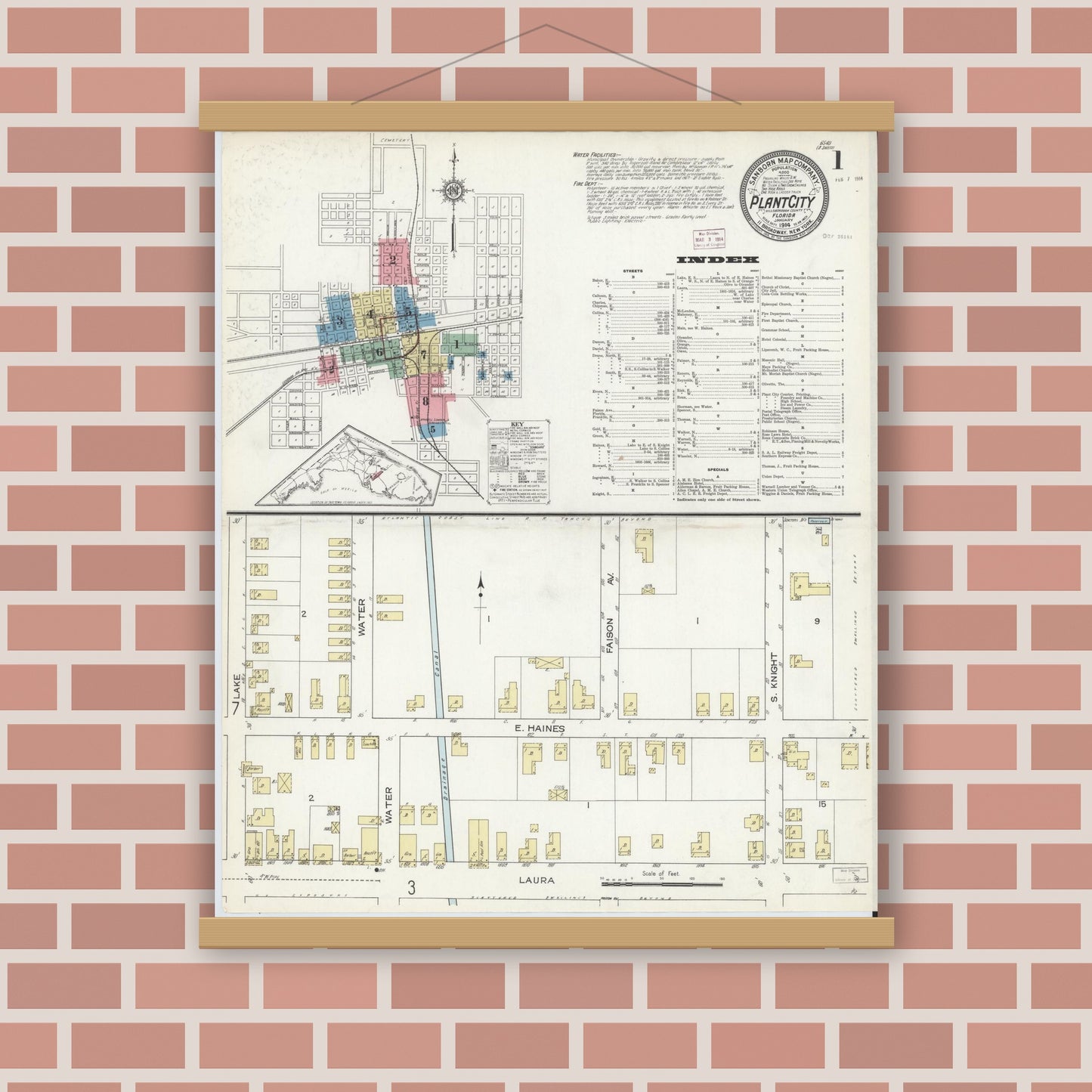 Old map wall art mockup — magnetic wood frame on brick wall — Sanborn Fire Insurance Map from Plant City, Hillborough County, Florida (1914), Sheet #0001