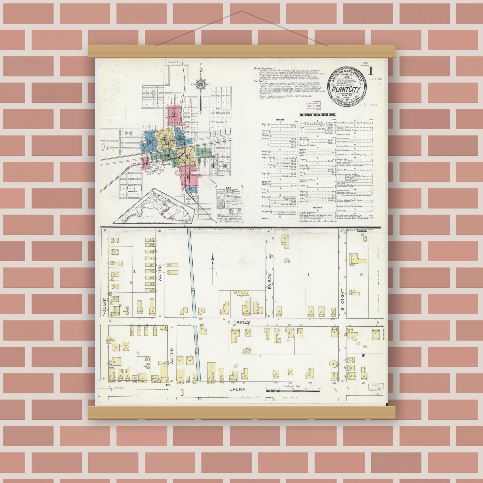 Old map wall art mockup — magnetic wood frame on brick wall — Sanborn Fire Insurance Map from Plant City, Hillborough County, Florida (1914), Sheet #0001