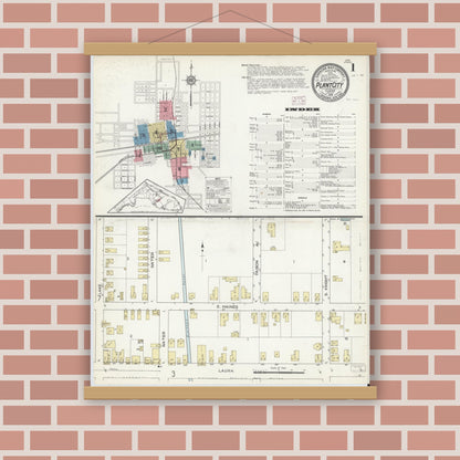 Old map wall art mockup — magnetic wood frame on brick wall — Sanborn Fire Insurance Map from Plant City, Hillborough County, Florida (1914), Sheet #0001