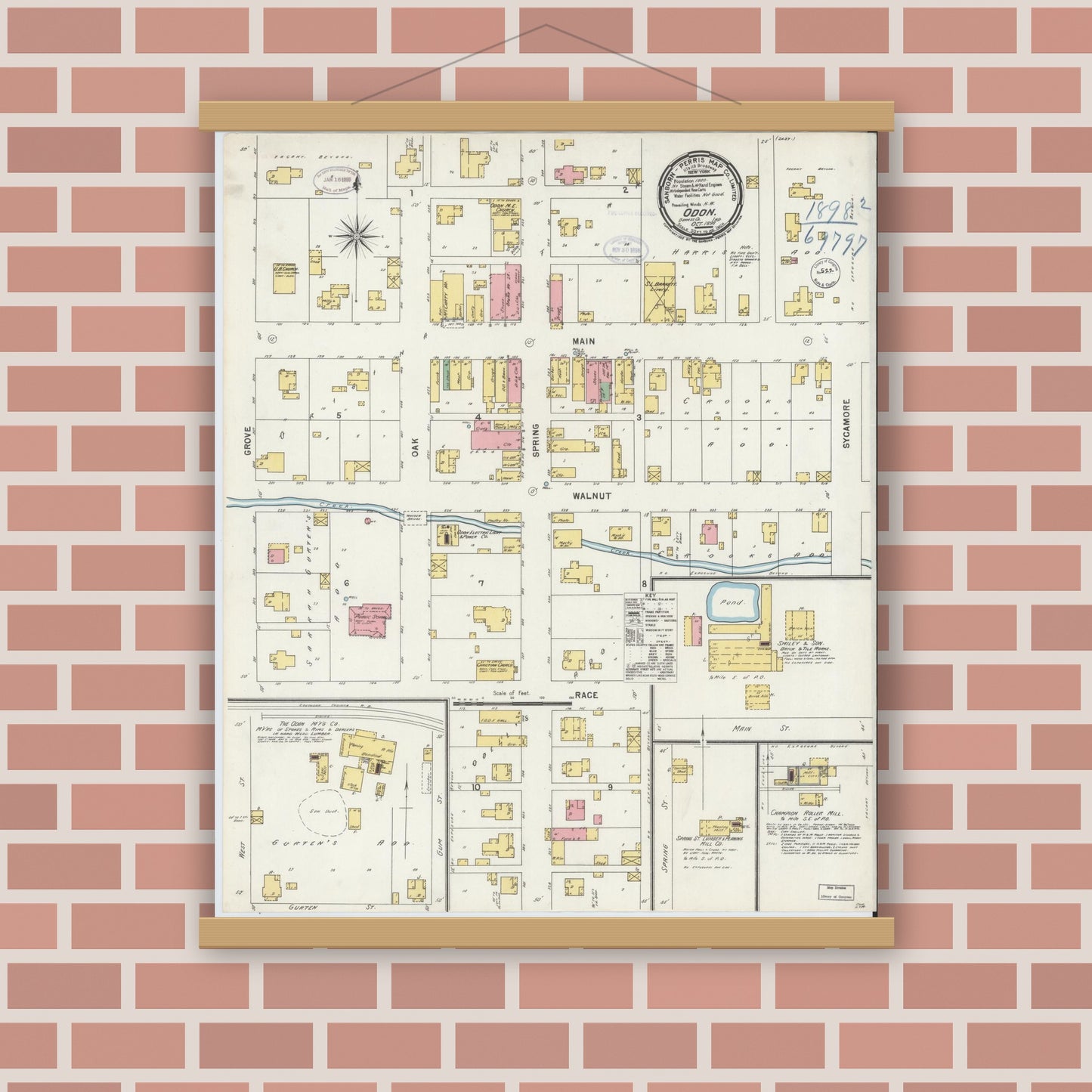 Old map wall art mockup — magnetic wood frame on brick wall — Sanborn Fire Insurance Map from Odon, Daviess County, Indiana (1898), Sheet #0001