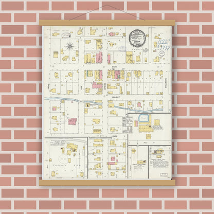 Old map wall art mockup — magnetic wood frame on brick wall — Sanborn Fire Insurance Map from Odon, Daviess County, Indiana (1898), Sheet #0001