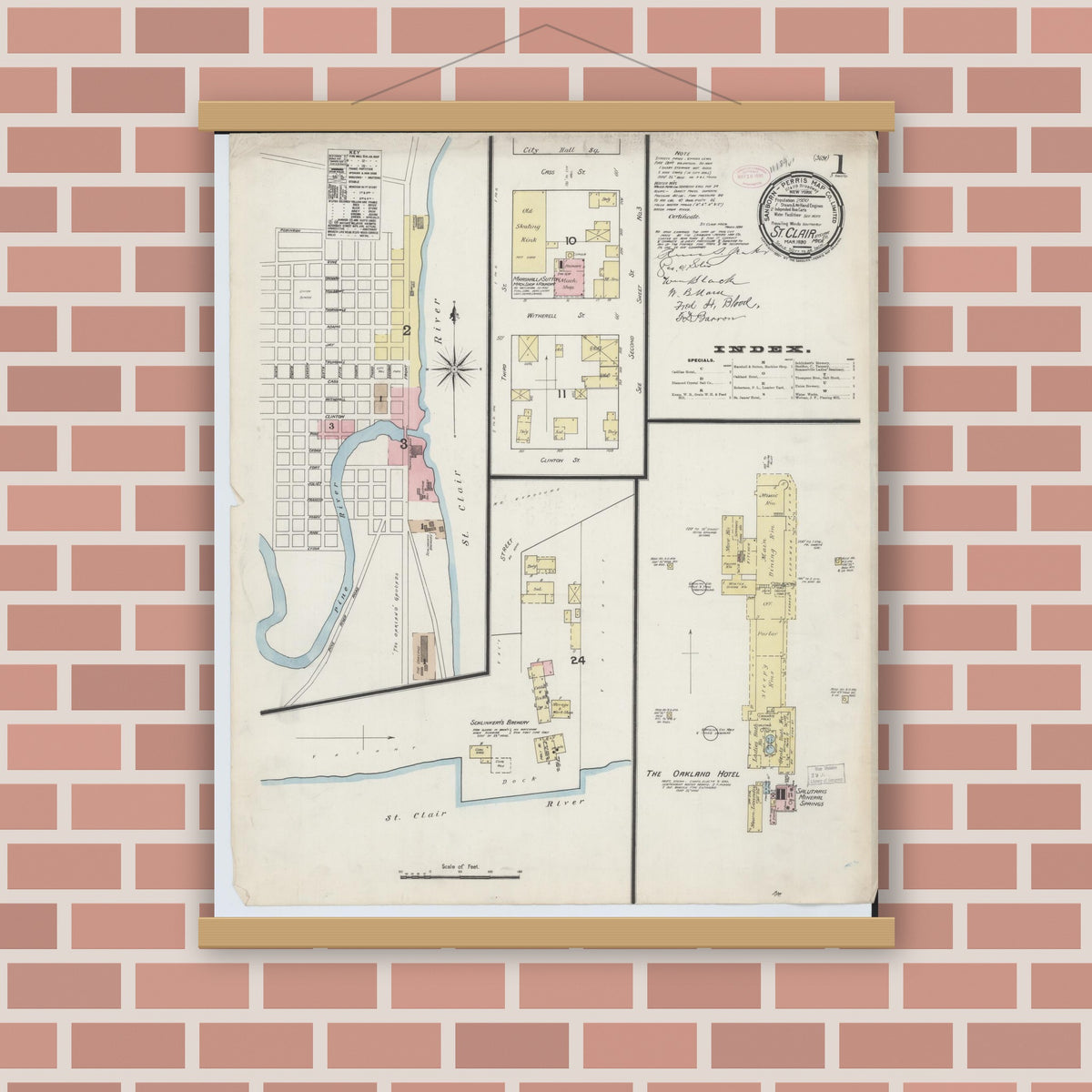 Old map wall art mockup — magnetic wood frame on brick wall — Sanborn Fire Insurance Map from Saint Clair, Saint Clair County, Michigan (1890), Sheet #0001