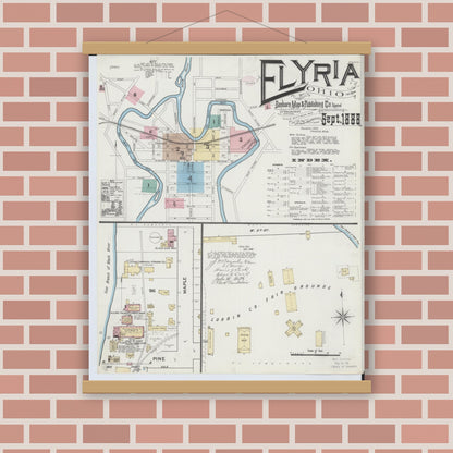 Old map wall art mockup — magnetic wood frame on brick wall — Sanborn Fire Insurance Map from Elyria, Lorain County, Ohio (1888), Sheet #0001