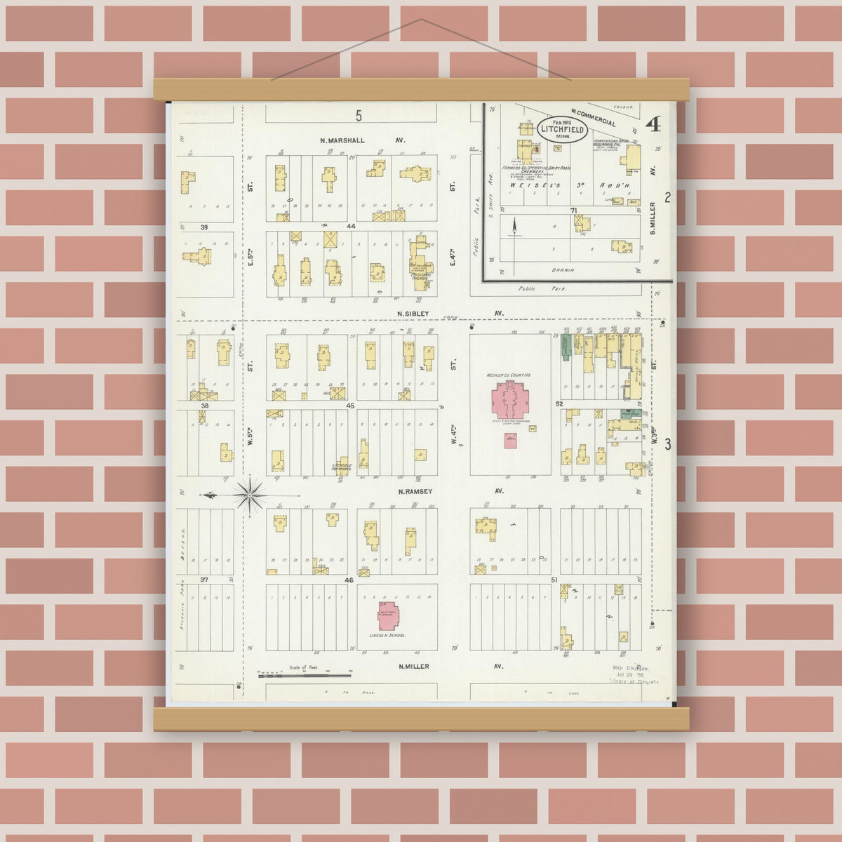 Old map wall art mockup — magnetic wood frame on brick wall — Sanborn Fire Insurance Map from Litchfield, Meeker County, Minnesota (1903), Sheet #0004