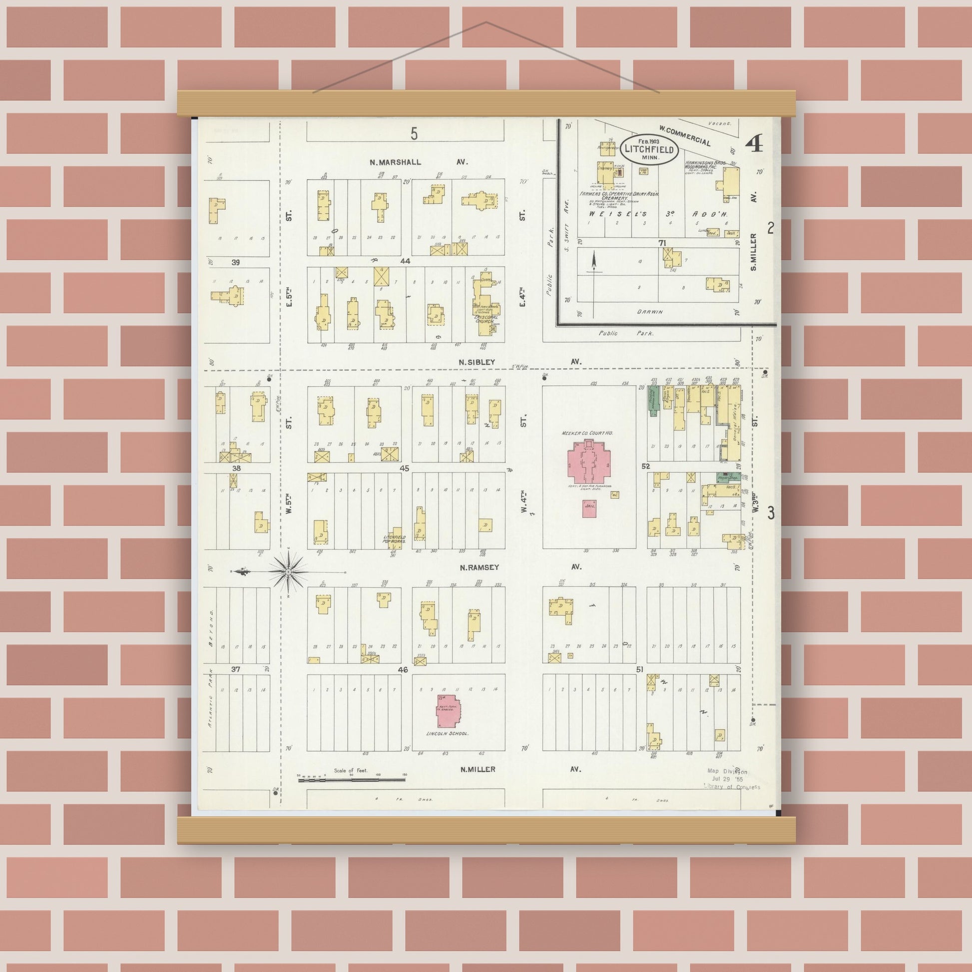 Old map wall art mockup — magnetic wood frame on brick wall — Sanborn Fire Insurance Map from Litchfield, Meeker County, Minnesota (1903), Sheet #0004
