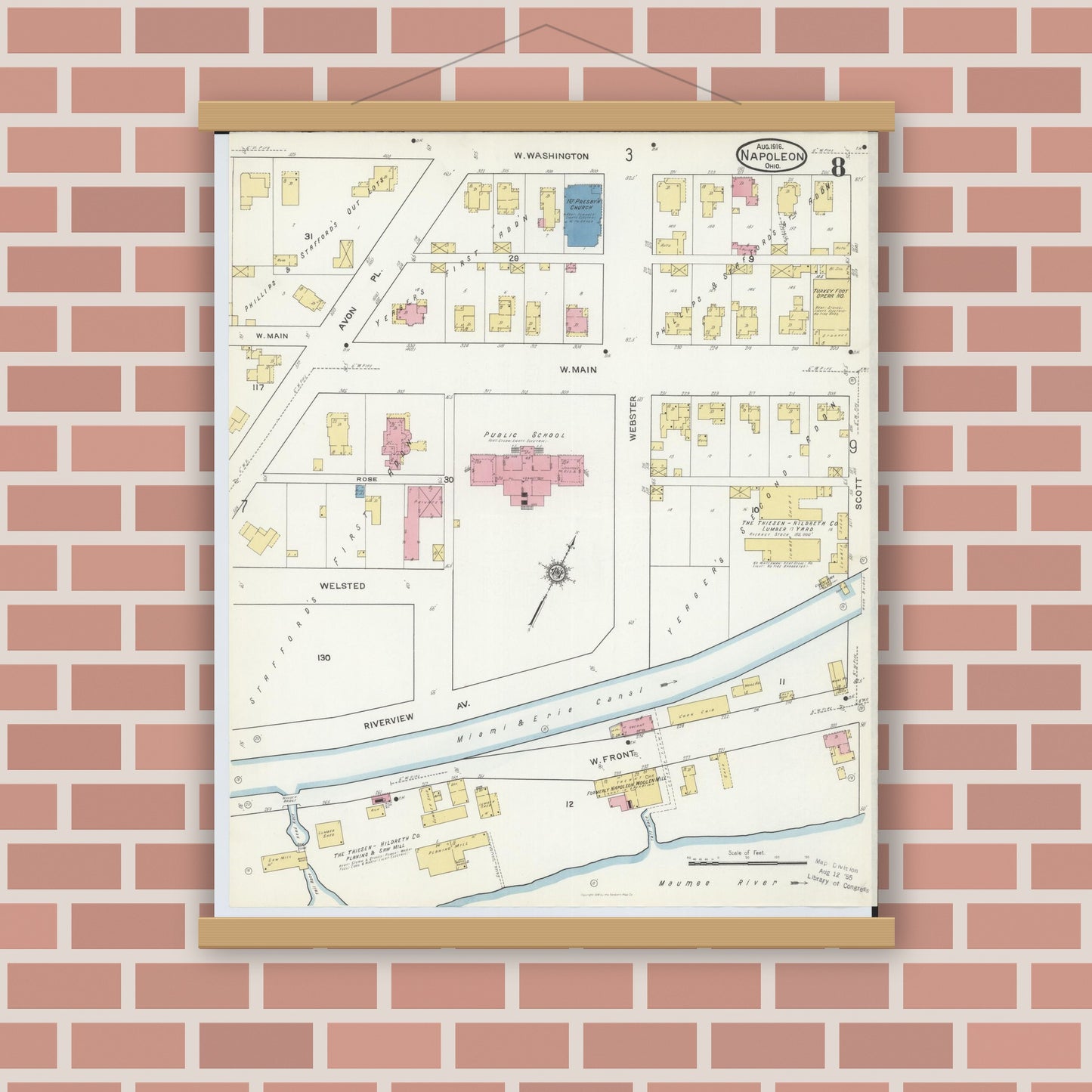 Old map wall art mockup — magnetic wood frame on brick wall — Sanborn Fire Insurance Map from Napoleon, Henry County, Ohio (1916), Sheet #0008