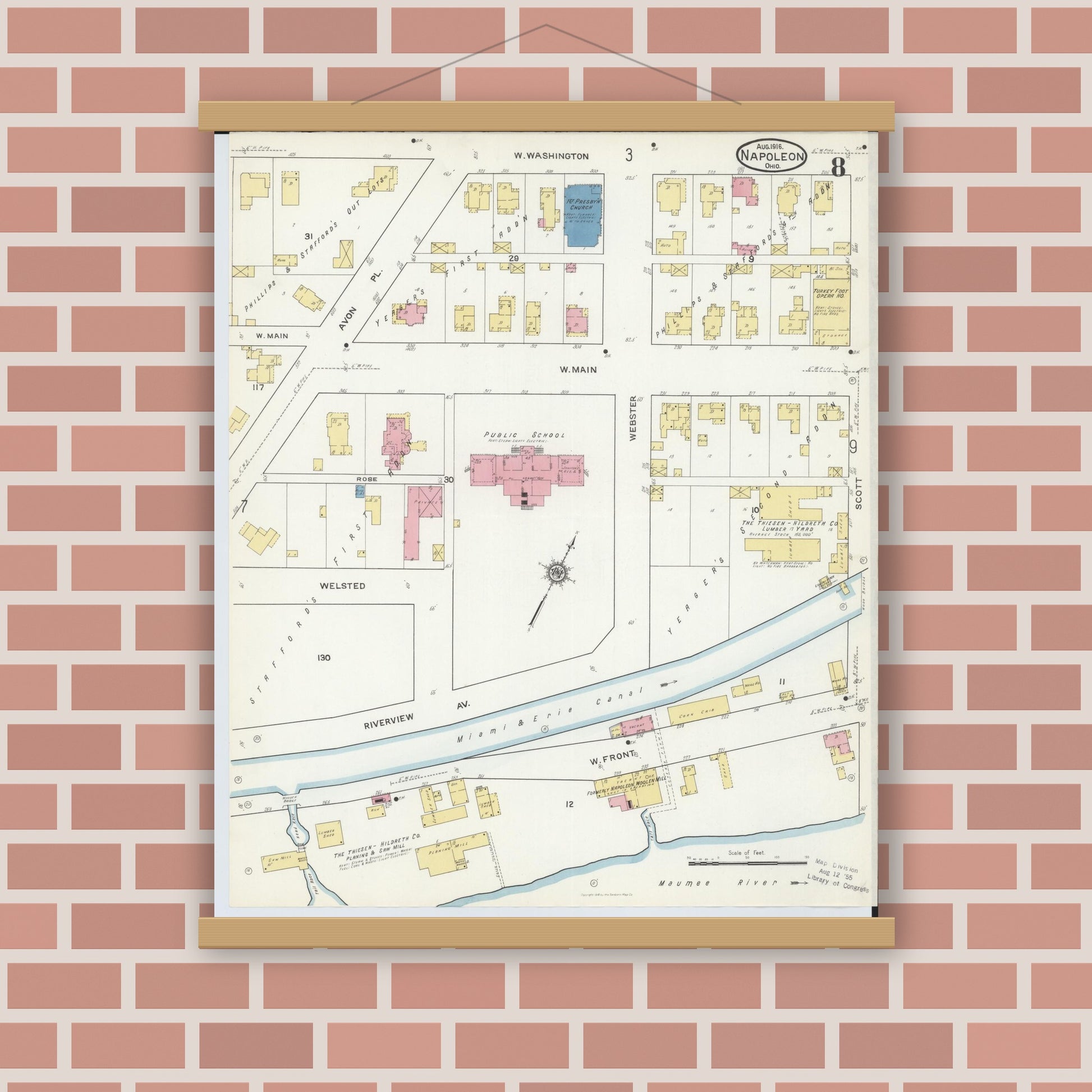 Old map wall art mockup — magnetic wood frame on brick wall — Sanborn Fire Insurance Map from Napoleon, Henry County, Ohio (1916), Sheet #0008