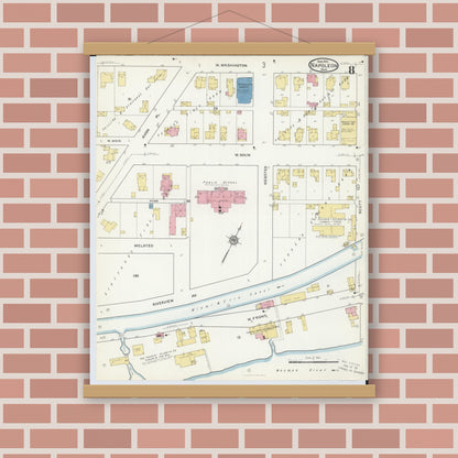 Old map wall art mockup — magnetic wood frame on brick wall — Sanborn Fire Insurance Map from Napoleon, Henry County, Ohio (1916), Sheet #0008